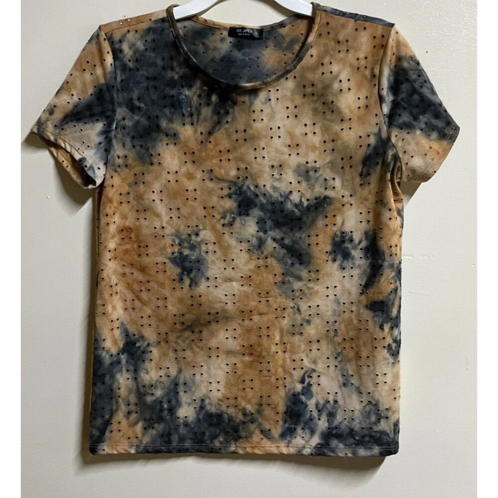 Ava James Blouse Womens XL Black Brown Tie Dye Short Sleeve Round Neck